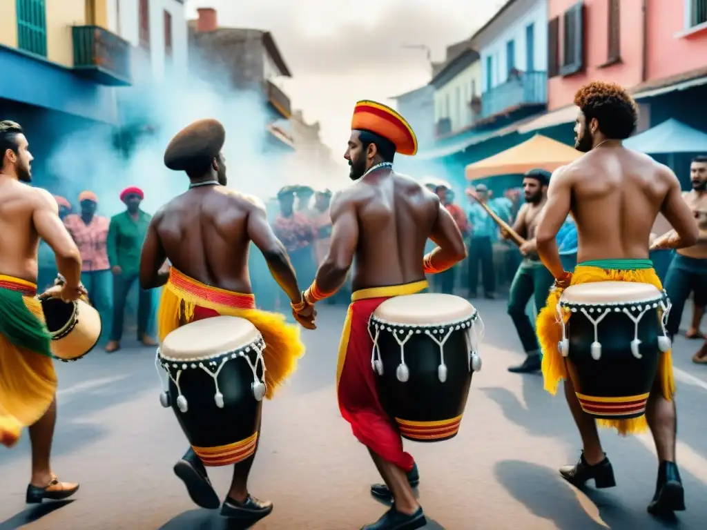 Vibrante pintura acuarela de candombe en Uruguay Intensa escena de tambores Candombe: músicos y bailarines en vibrante círculo