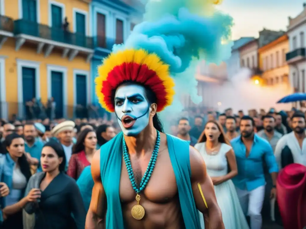 Murga vibrante en protesta política en Uruguay Intensa murga en protesta política, con trajes coloridos y pinturas faciales, frente a edificios históricos