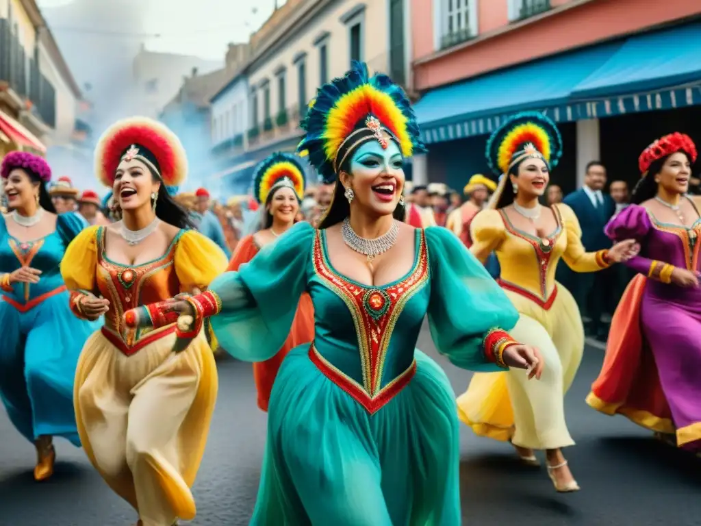 Colorido Carnaval en Uruguay: Baile y alegría en la calle Intensa paleta de colores Carnaval Uruguayo: vibrante pintura acuarela de calle animada con artistas y música tradicional