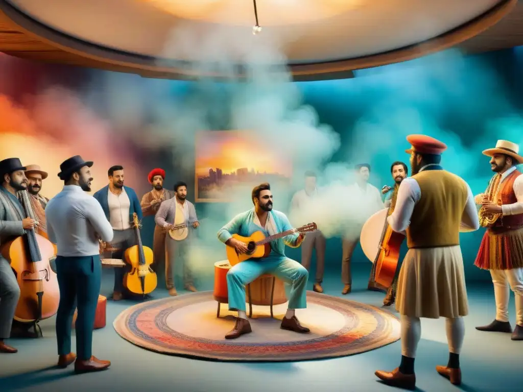 Colorida preparación de murgas y humoristas en acuarela Intensidad y preparación en actos de murgas y humoristas en Uruguay