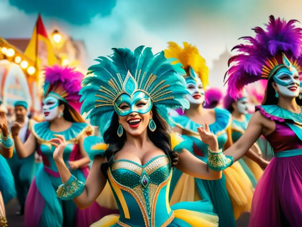 Vibrante escena de carnaval uruguayo: danza y color Intenso baile de revista en carnaval uruguayo