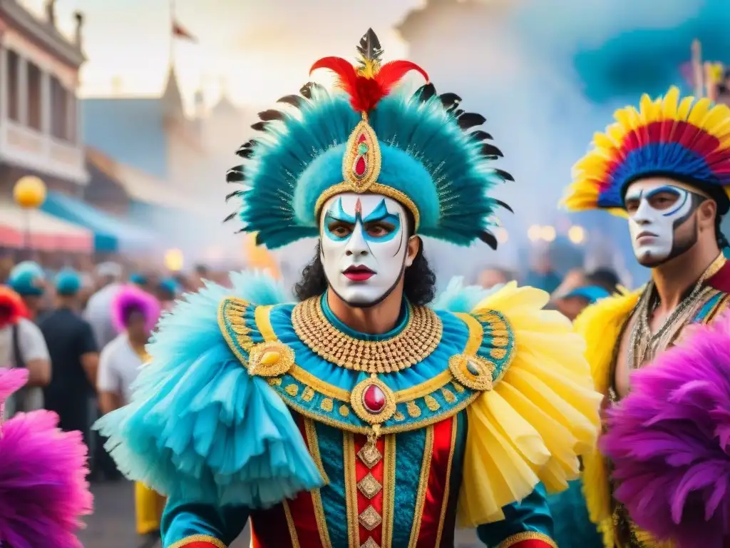 Intenso enfrentamiento en el Carnaval de Uruguay: colorida disputa entre artistas en vibrantes trajes Intenso enfrentamiento entre artistas de Carnaval Uruguayo en elaborados trajes, rodeados de una multitud asombrada
