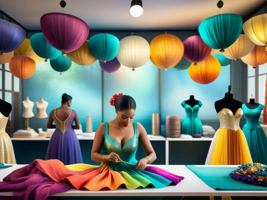 Arte y pasión en el taller de diseño de disfraces para carnaval Intenso taller de diseño de disfraces para show carnavalero, con artesanos cosiendo lentejuelas en trajes vibrantes