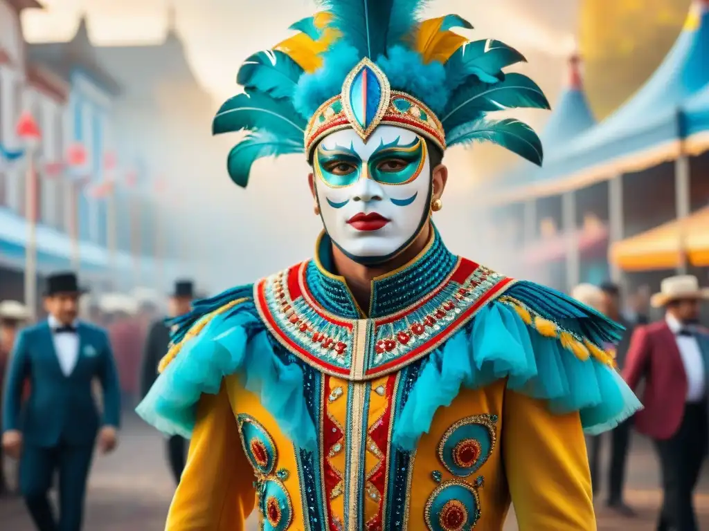 Disfraz de Carnaval Uruguayo: Tradición y Modernidad Intrincado diseño de vestuario Carnaval Uruguayo, fusionando tradición y modernidad en vibrante ilustración acuarela