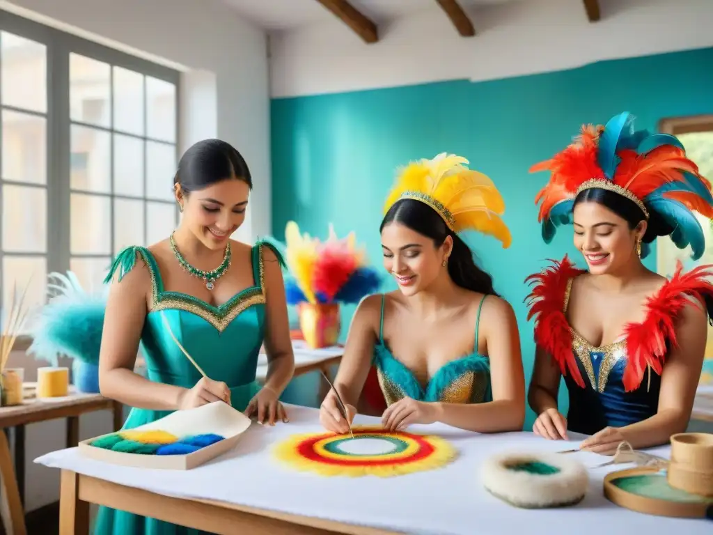 Jóvenes artistas uruguayos crean vibrantes disfraces de carnaval en un taller lleno de energía y creatividad Jóvenes artistas uruguayos crean con pasión el futuro del Carnaval Uruguayo en un taller vibrante y colorido