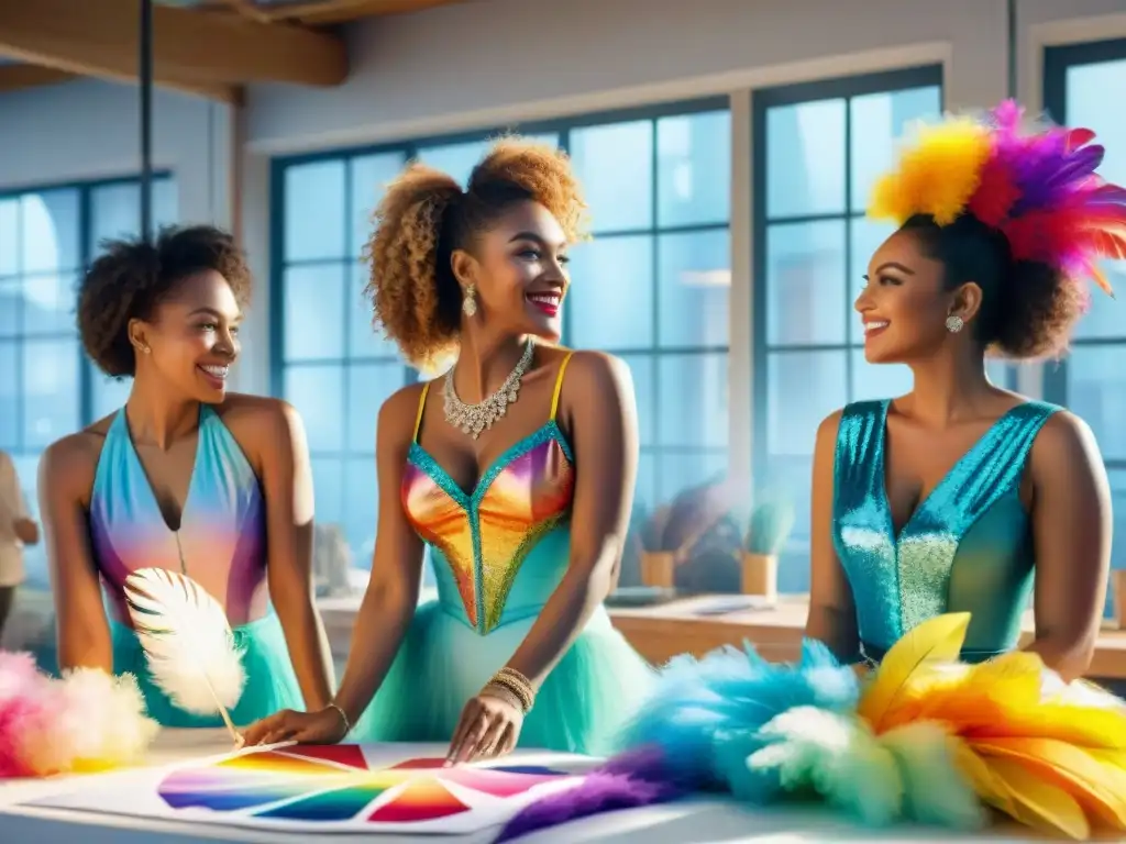 Diseñadores creativos crean trajes de carnaval vibrantes Jóvenes diseñadores uruguayos innovan en coloridos trajes de carnaval en un taller vibrante