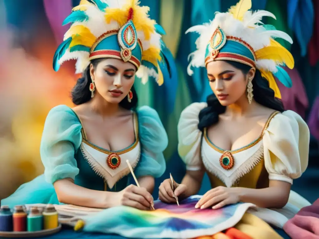 Jóvenes talentos del Carnaval Uruguayo creando coloridas y detalladas vestimentas con pasión y creatividad