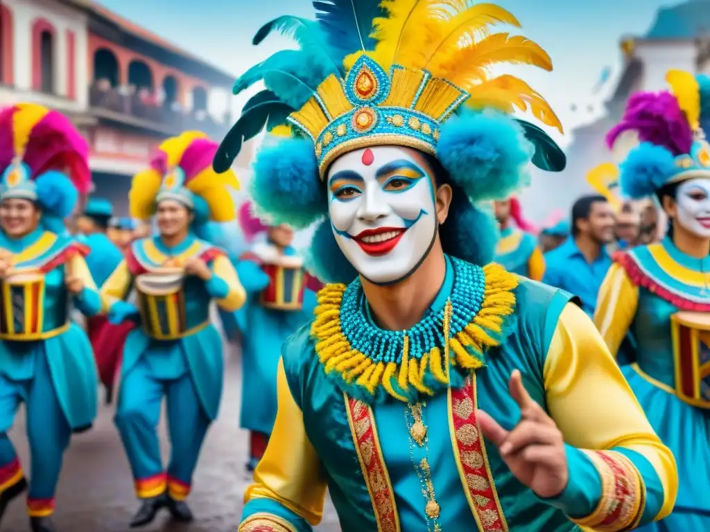 Jóvenes talentos del Carnaval Uruguayo danzando con alegría en vibrante pintura acuarela