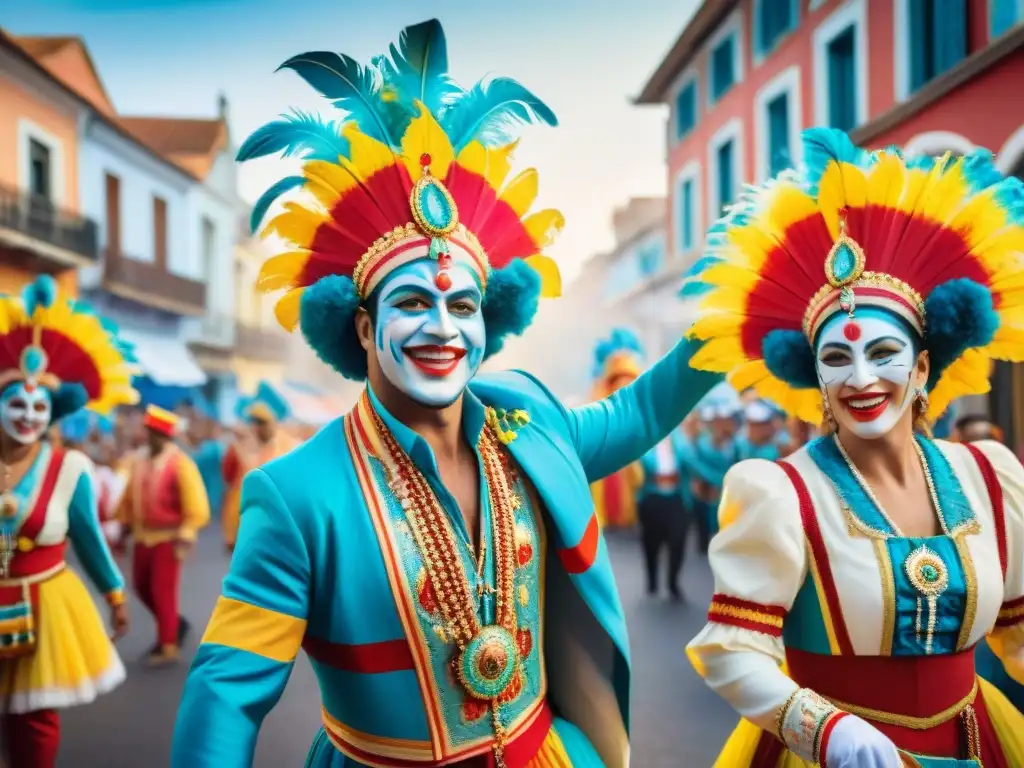 Jóvenes talentos en vibrante Carnaval Uruguayo, celebrando con música y color en las calles