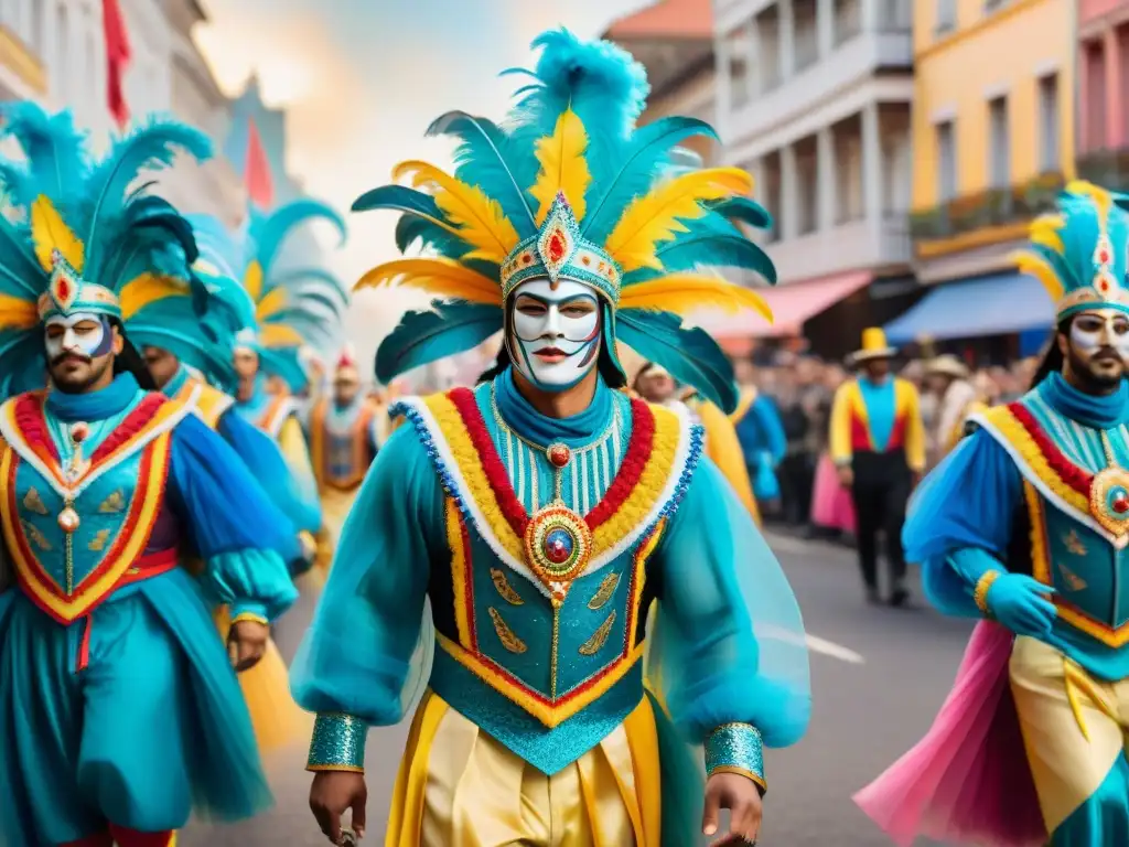 Jóvenes talentos en vibrante Carnaval Uruguayo: desfile moderno con toques tradicionales y energía festiva