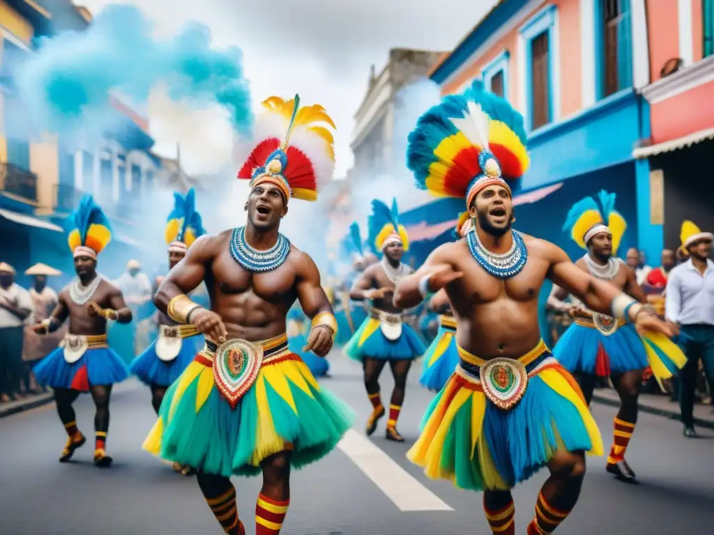 Colorida danza de Candombe en el Carnaval de Uruguay Legado africano en Carnaval Uruguayo: Grupo de artistas en trajes tradicionales de Candombe bailando en vibrante desfile callejero