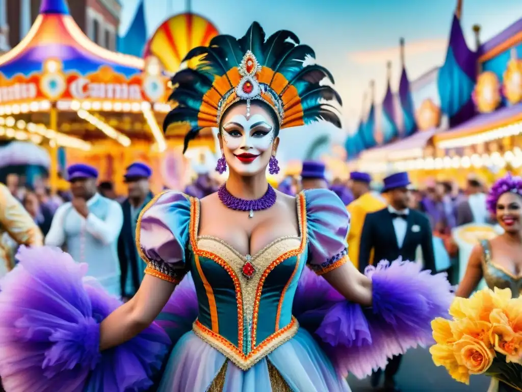 Cuadro acuarela vibrante de carnaval con floats y danzas Documentando el legado del Carnaval: Una escena de carnaval vibrante con carrozas detalladas, bailarines y espectadores emocionados