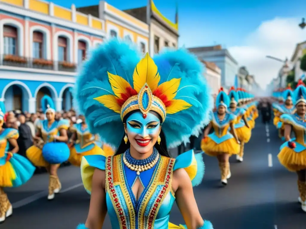Desfile vibrante del Carnaval en Uruguay Leyendas y anécdotas del Carnaval Uruguayo: Desfile vibrante con coloridos disfraces y carrozas bajo cielo azul