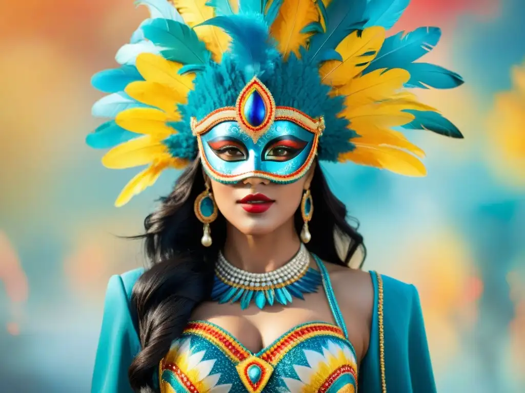 Traje de Carnaval Uruguayo: Fusión de Tradición y Modernidad Un llamativo vestuario contemporáneo del Carnaval Uruguayo con detalles vibrantes y simbología tradicional