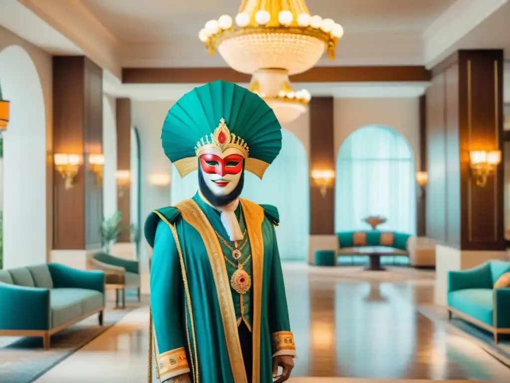 Vibrante lobby de hotel en Carnaval: ilustración detallada en acuarela 8k Un lobby de hotel de lujo decorado con colores de carnaval en Uruguay, con máscaras y trajes elegantes en exhibición