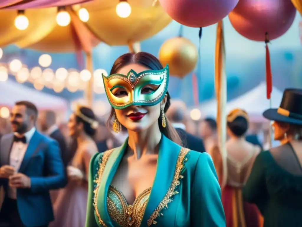 Baile de Carnaval de Uruguay: una ilustración acuarela lujosa y festiva Una lujosa celebración de Carnaval Uruguayo en un ambiente festivo y colorido