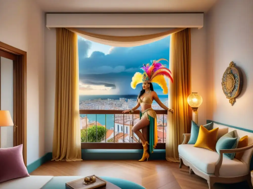 Suite de lujo en Carnaval: acuarela detallada en Uruguay Una lujosa suite en Uruguay durante Carnaval, con cama king size, almohadones coloridos y balcón con vista a las festividades