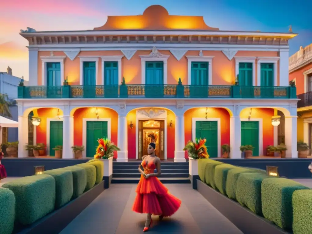 Hotel boutique de lujo en Montevideo con desfile de bailarines de carnaval Un lujoso hotel boutique en Montevideo con bailarines de carnaval