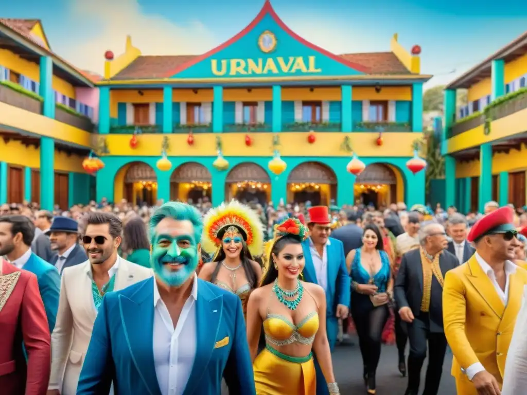 Hotel boutique de lujo en Carnaval Uruguayo Un lujoso hotel boutique durante el Carnaval Uruguayo, con arquitectura detallada y decoraciones festivas