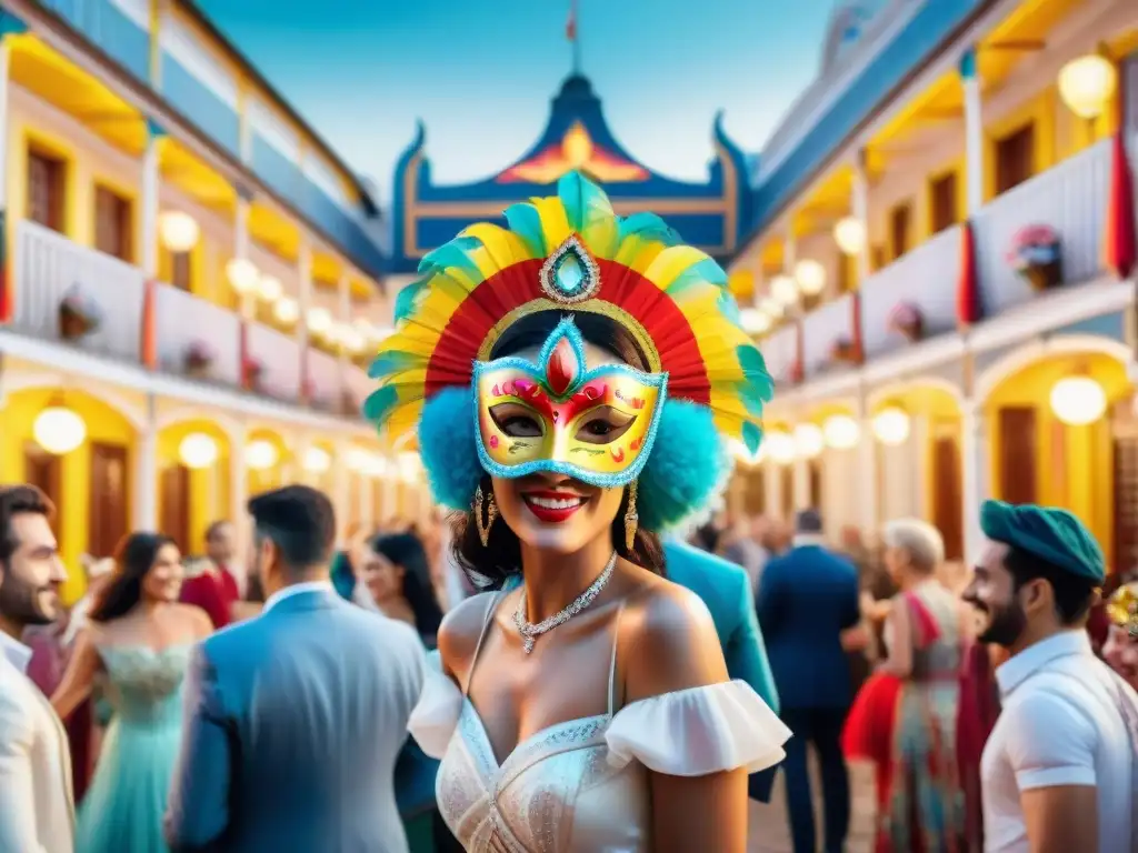 Carnaval de lujo en hotel boutique de Uruguay Un lujoso hotel boutique en Uruguay decorado para el Carnaval, con mascaras y streamers coloridos
