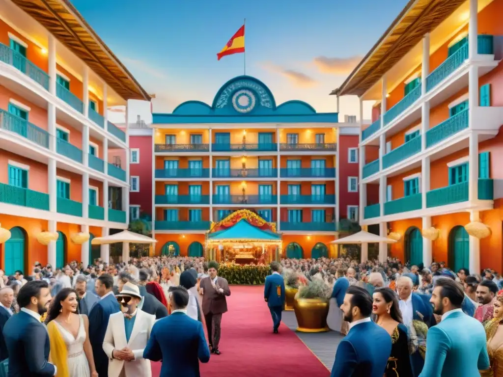 Carnaval Uruguayo: Hotel exclusivo y festivo en acuarela Un lujoso hotel en Uruguay decorado para Carnaval, con arquitectura elegante y colorida multitud