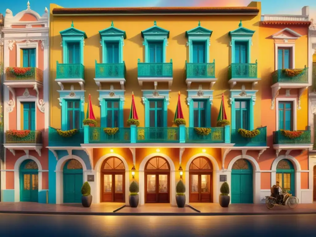 Hotel de lujo en Carnaval: pintura acuarela Un lujoso hotel iluminado por el sol poniente, con el Carnaval de Uruguay en pleno apogeo