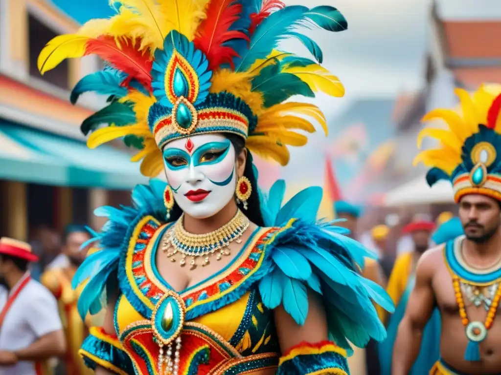 Esplendor del Carnaval en Uruguay: traje vibrante y festivo Un majestuoso disfraz del Carnaval Uruguayo con plumas, lentejuelas y bordados detallados, en una festiva parada