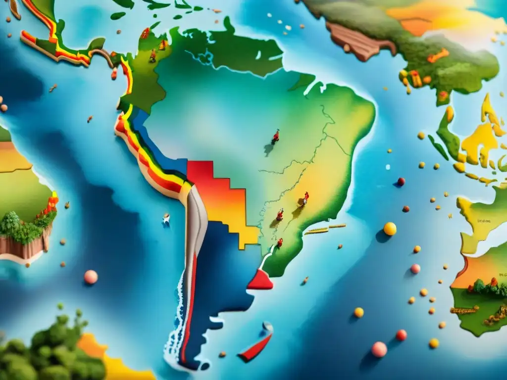 Mapa mundial con murgas uruguayas: una danza de colores Un mapa global detallado en acuarela con murgas uruguayas en el mundo, uniendo culturas a través de la música y la danza