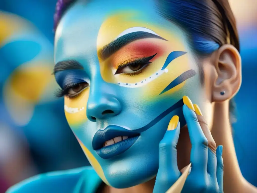 Maquillaje de carnaval: arte en manos Un maquillador destacado del Carnaval Uruguayo aplica colores vibrantes y diseños intrincados en el rostro de un modelo