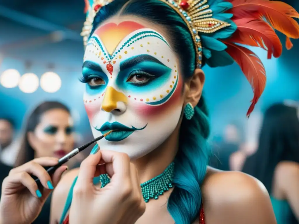 Maquilladores uruguayos transforman con arte el carnaval Maquilladores destacados del Carnaval Uruguayo aplicando diseños vibrantes y elaborados en artistas en el backstage