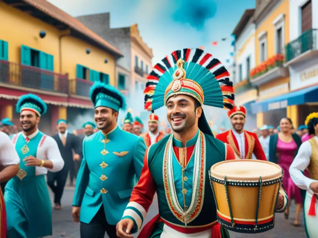 Transformación de marca con Carnaval Uruguayo: Desfile colorido y animado con bailarines, músicos y espectadores festivos