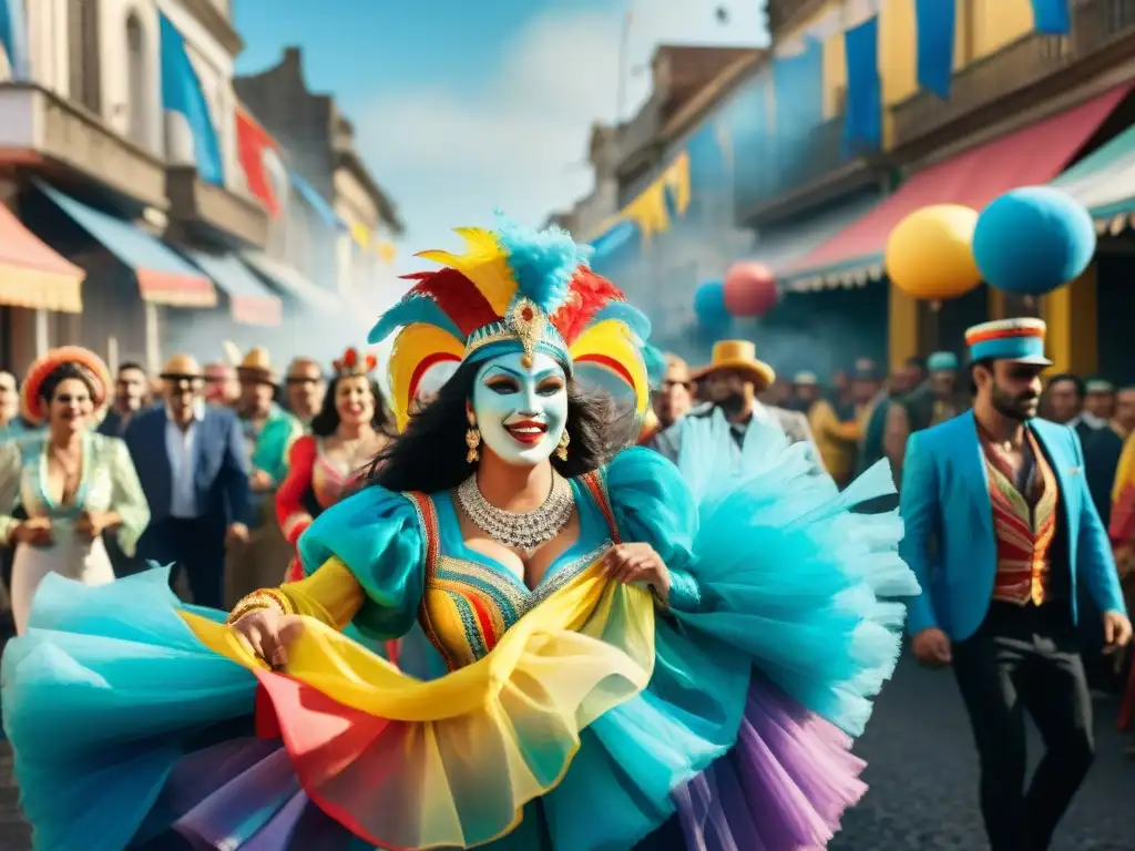 Transformación de marca con Carnaval Uruguayo: Ilustración vibrante y colorida de Carnaval en Uruguay, con deslumbrantes trajes y música alegre