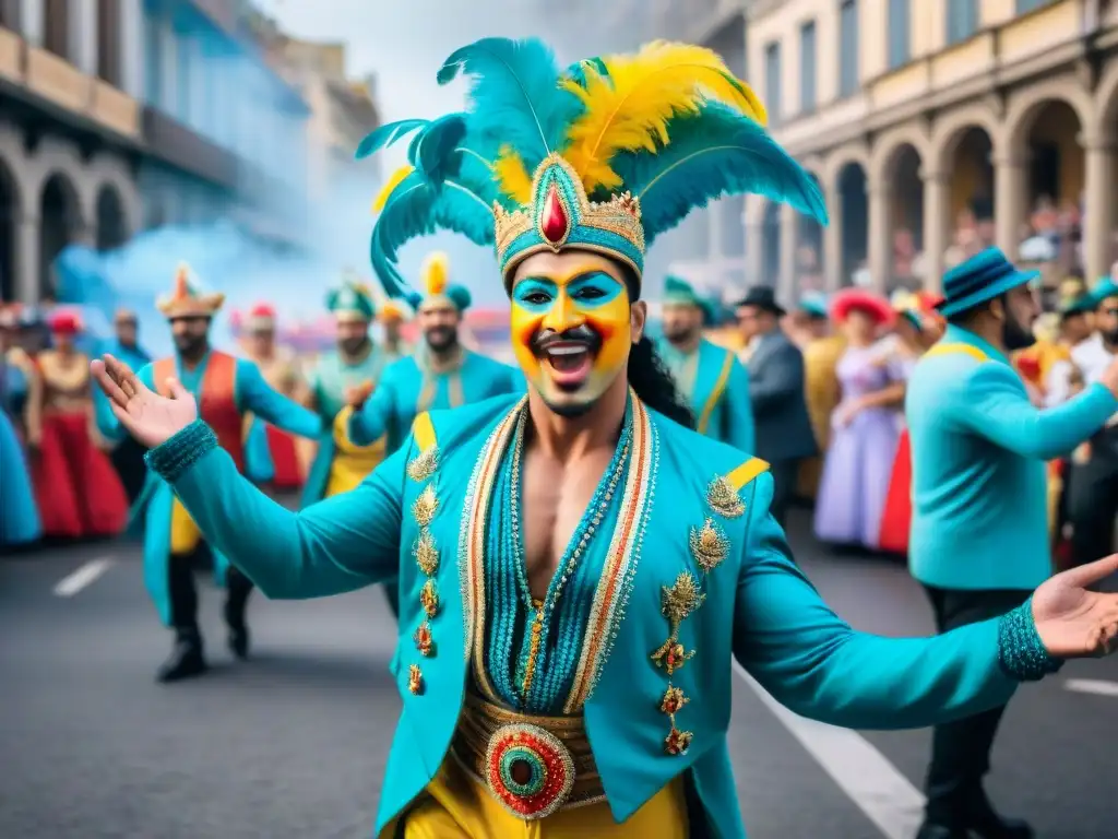 Transformación de marca con Carnaval Uruguayo: vibrante desfile de Carnaval en Uruguay con coloridos trajes y energía festiva