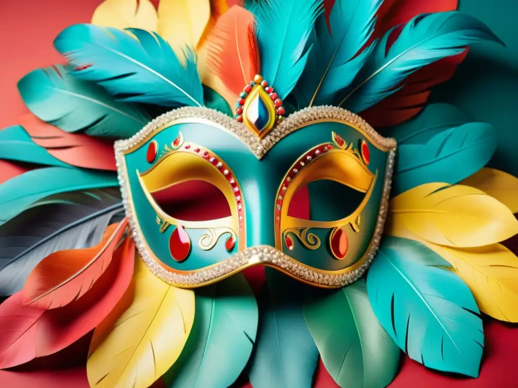 Máscara de carnaval uruguayo: misterio y tradición festiva Una máscara de carnaval uruguaya con plumas y lentejuelas, exudando misterio y festividad