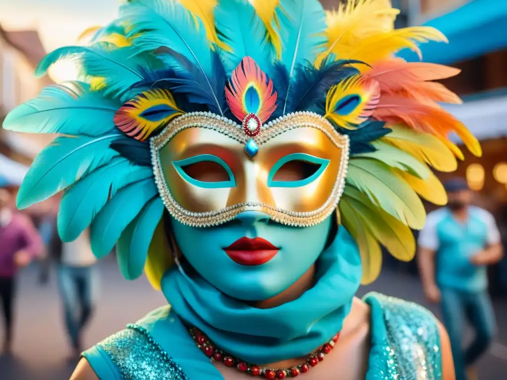 Máscara de carnaval uruguayo: plumas, brillo y colorido Máscara de carnaval uruguayo con Accesorios Carnaval Uruguayo destacados, plumas y lentejuelas brillantes