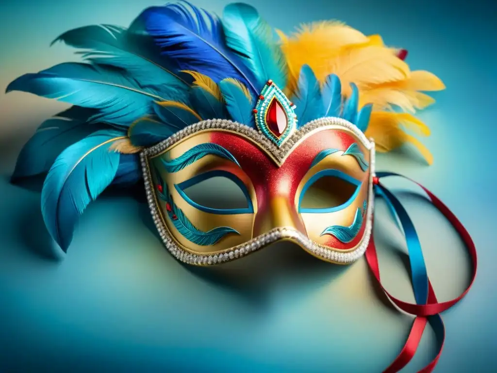 Máscara de carnaval uruguayo: vibrante y festiva Una máscara de carnaval uruguayo adornada con plumas, lentejuelas y cintas coloridas