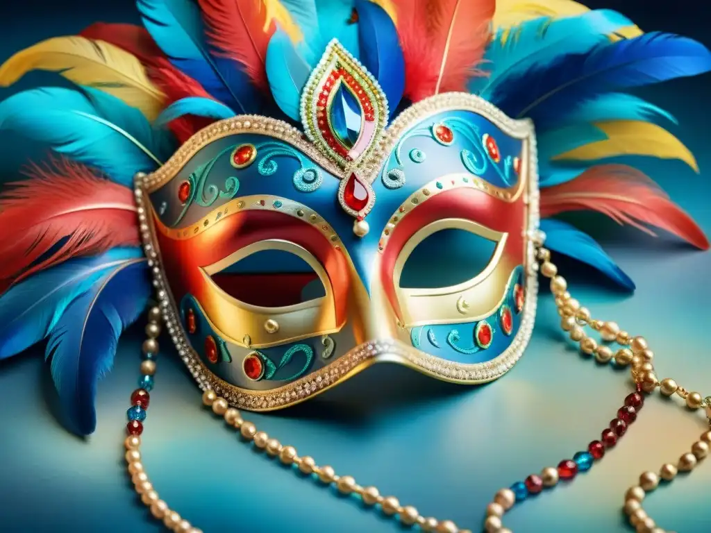 Máscara de carnaval uruguayo: detalle y colorido Una máscara de carnaval uruguayo detallada con plumas, lentejuelas y gemas, resaltando la riqueza cultural