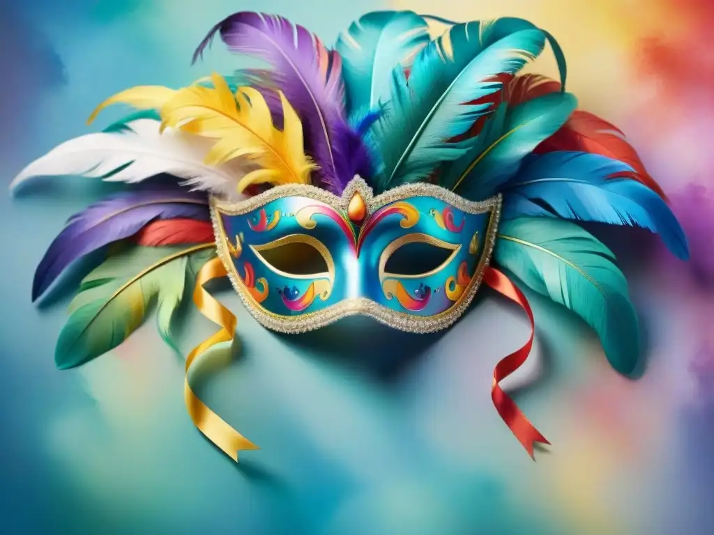 Arte vibrante: máscara de carnaval con elementos de salud mental y expresión artística Una máscara de carnaval vibrante y detallada, con elementos simbólicos de salud mental en Carnaval Uruguayo