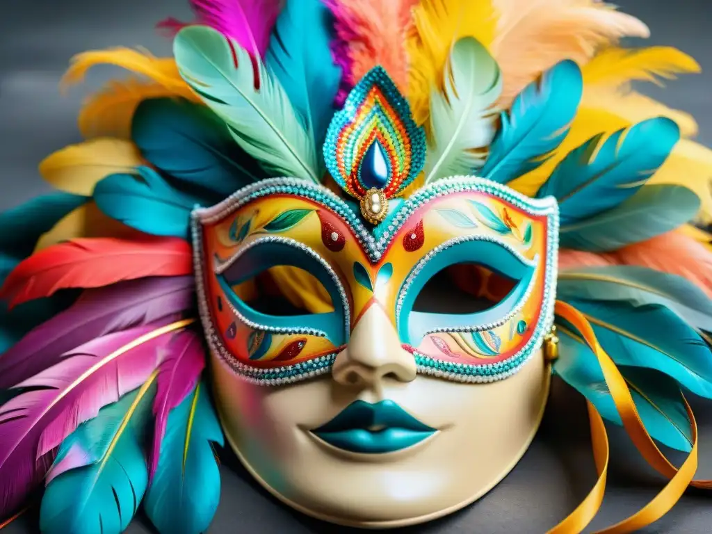 Máscara de carnaval uruguayo: colores vibrantes y energía Una máscara tradicional del Carnaval Uruguayo, decorada con plumas y lentejuelas, en un desfile vibrante