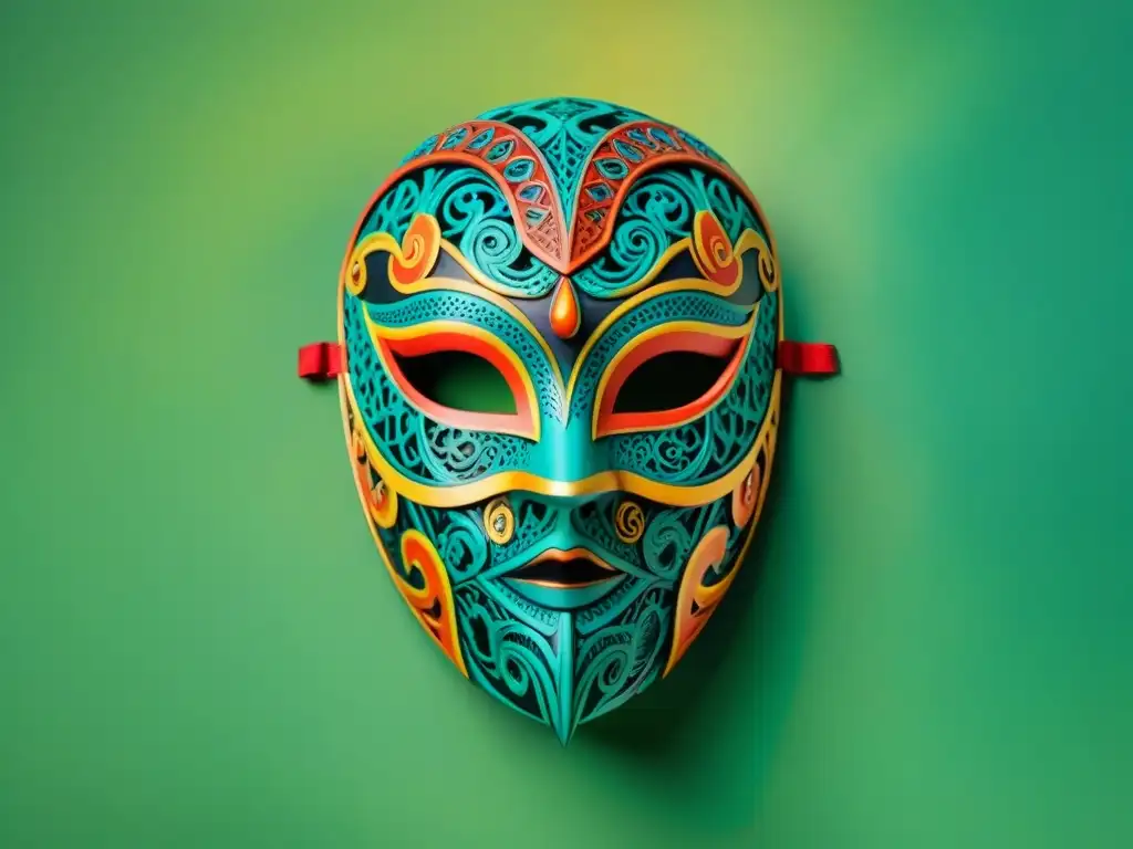 Una máscara 3D uruguaya vibrante y detallada, inspirada en el arte tradicional, con colores vivos y patrones intrincados