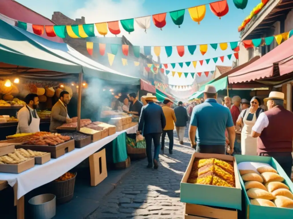 En medio de un bullicioso mercado callejero uruguayo durante el Carnaval, con puestos rebosantes de Platos típicos Carnaval Uruguayo