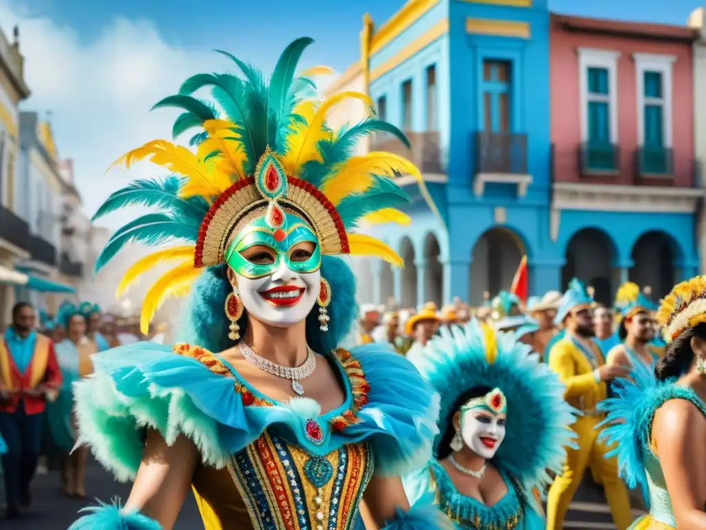 Carnaval uruguayo: danzas coloridas y alegría festiva Disfruta de las mejores experiencias del Carnaval Uruguayo en una vibrante ilustración acuarela