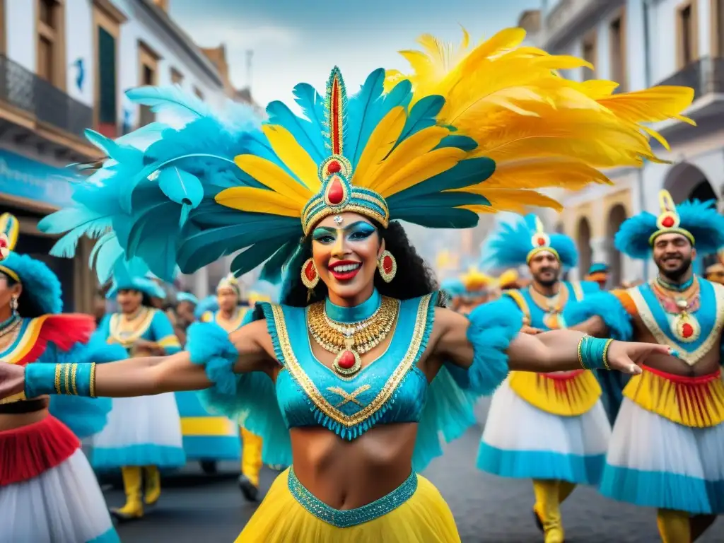 Deslumbrante Carnaval en Uruguay: colores, danzas y tradición Disfruta de una de las mejores experiencias del Carnaval Uruguayo con esta ilustración vibrante de un desfile en Montevideo