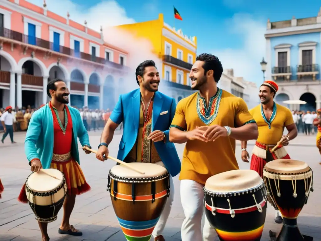 Mejores talleres Candombe Uruguay: Grupo diverso tocando tambores en una plaza vibrante de Montevideo