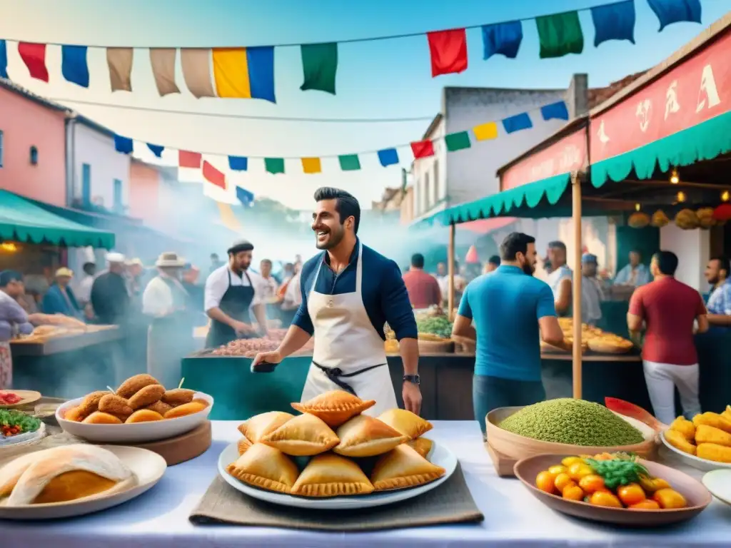 Mercado callejero vibrante durante el Carnaval en Uruguay con gastronomía del Carnaval Uruguayo