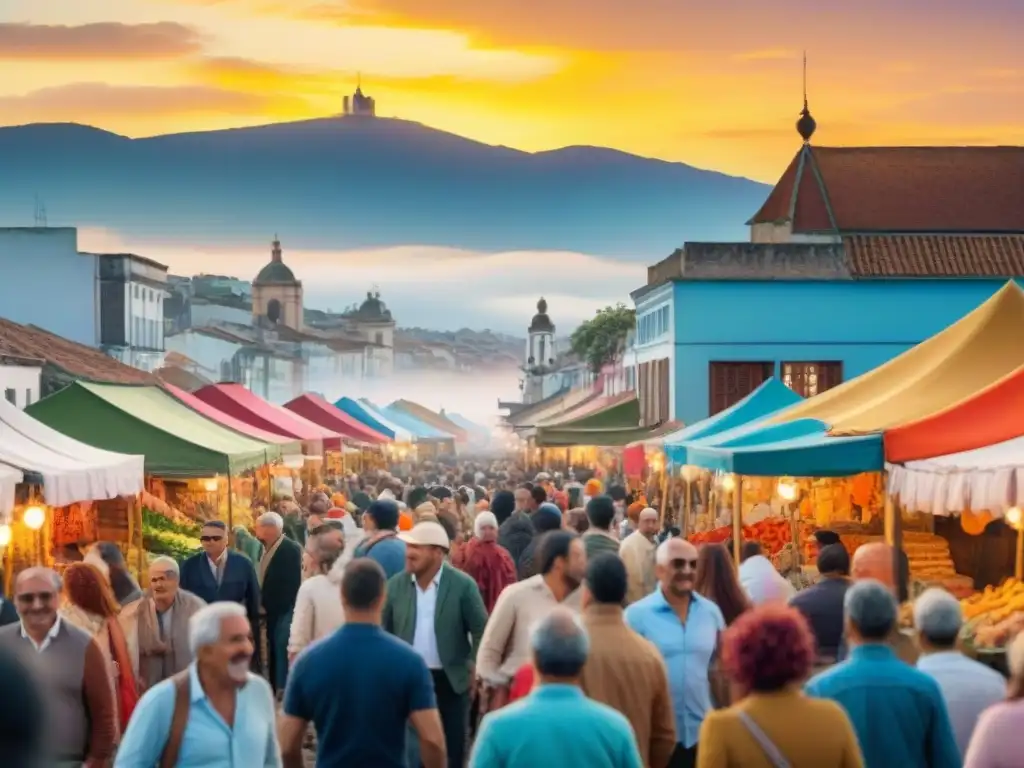 Mercado callejero vibrante en Carnaval de Uruguay Un mercado callejero vibrante durante el Carnaval en Uruguay, lleno de coloridos puestos de merchandising carnavalesco