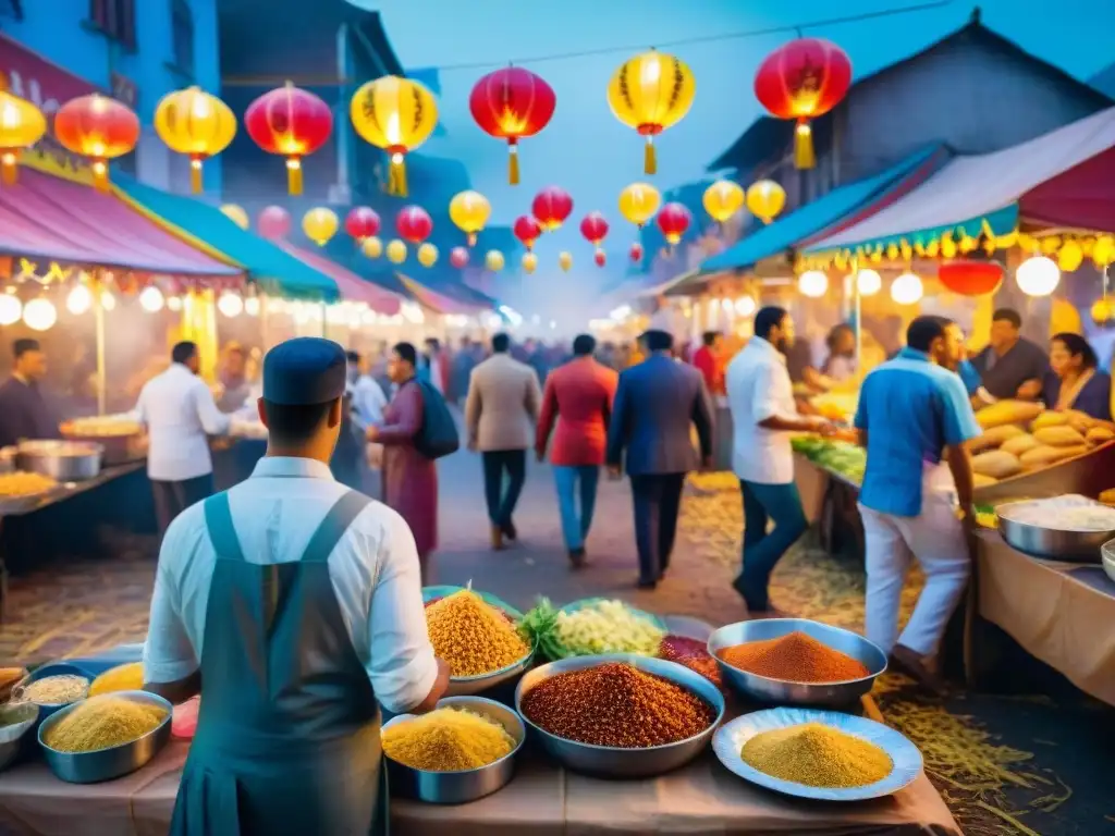 Mercado nocturno en el carnaval: pintura acuarela vibrante Mercado callejero vibrante en Carnaval: vendedores, música y delicias bajo linternas brillantes