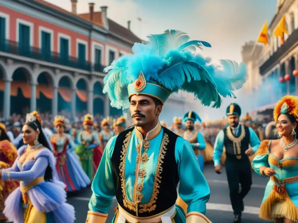 Deslumbrante desfile del Carnaval Uruguayo Merchandising Carnaval Uruguayo colección: ilustración acuarela detallada de desfile festivo vibrante y colorido en Uruguay