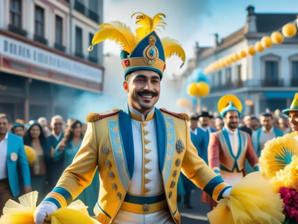 Deslumbrante desfile de Carnaval en Uruguay Merchandising oficial Carnaval Uruguayo: Desfile colorido con carroza adornada y bailarines en trajes tradicionales, alegría y colorido