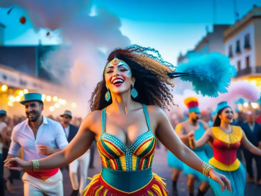 Baile vibrante en Carnaval Uruguayo 2023 Merchandising oficial Carnaval Uruguayo 2023: Grupo de artistas del carnaval bailando en Montevideo con trajes tradicionales y confeti